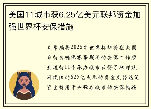 美国11城市获6.25亿美元联邦资金加强世界杯安保措施