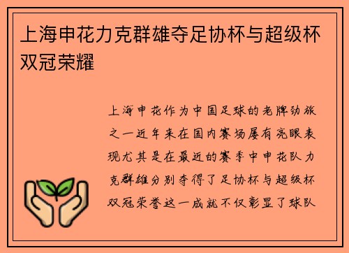 上海申花力克群雄夺足协杯与超级杯双冠荣耀